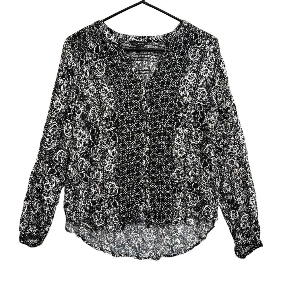 Lucky Brand Womens Shirt Navy White Paisley V Neck Long Sleeve Soft Small